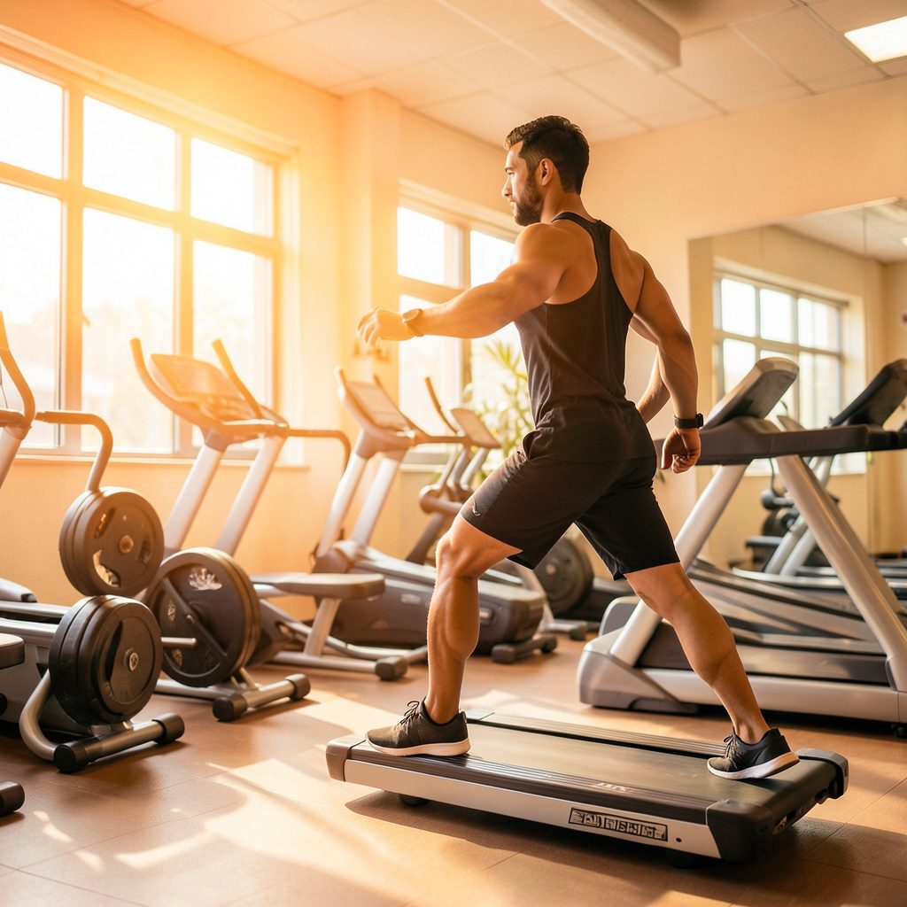 Bright gym scene with warm orange and beige tones, soft natural light, suggesting energy and active living