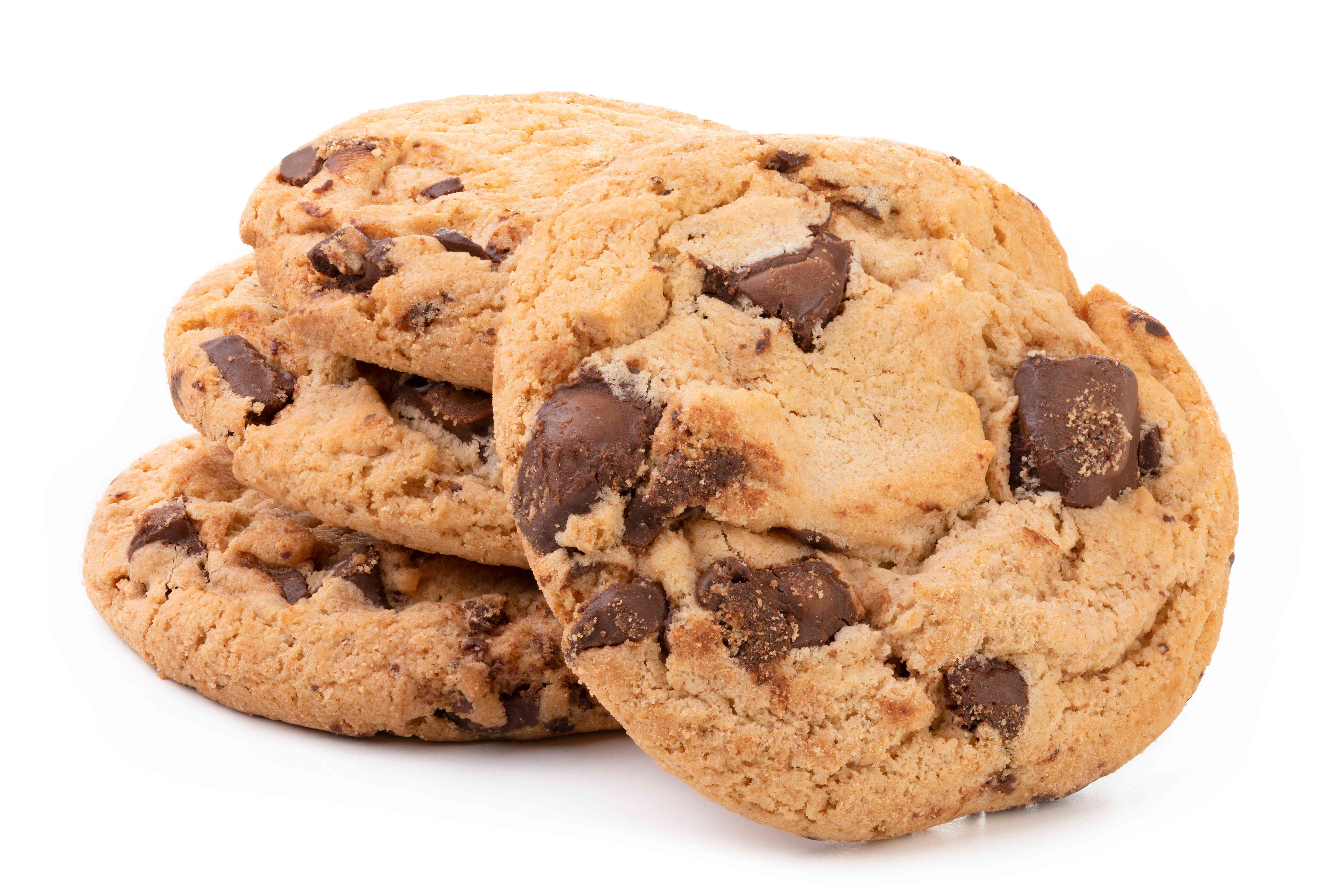 Close-up stack of freshly baked chocolate chip cookies on a clean white surface, warm golden-brown tones and an appetising, homely mood